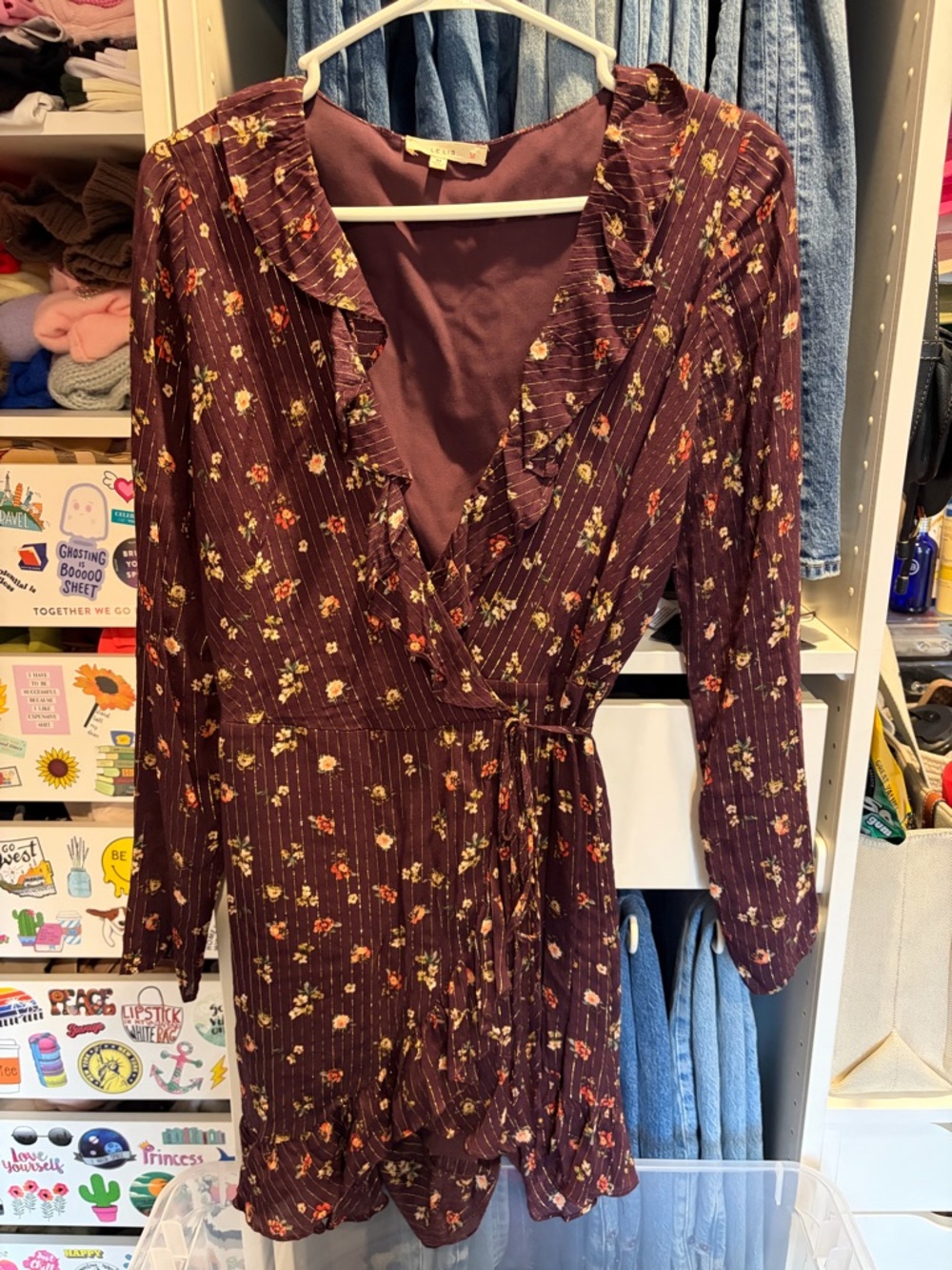 Le Lis Burgundy Floral Long Sleeve Wrap Dress